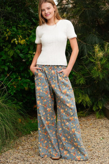 TRENDiLiTY Mineral Washed Floral Denim Wide Leg Pants in Denim