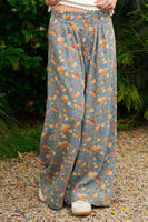 TRENDiLiTY Mineral Washed Floral Denim Wide Leg Pants in Denim