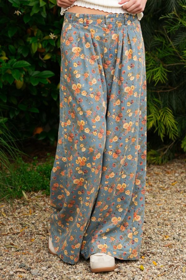 TRENDiLiTY Mineral Washed Floral Denim Wide Leg Pants in Denim