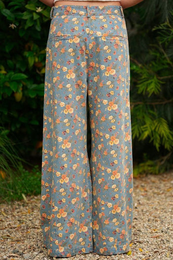 TRENDiLiTY Mineral Washed Floral Denim Wide Leg Pants in Denim