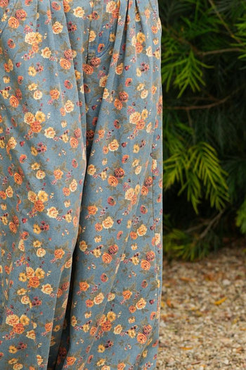 TRENDiLiTY Mineral Washed Floral Denim Wide Leg Pants in Denim