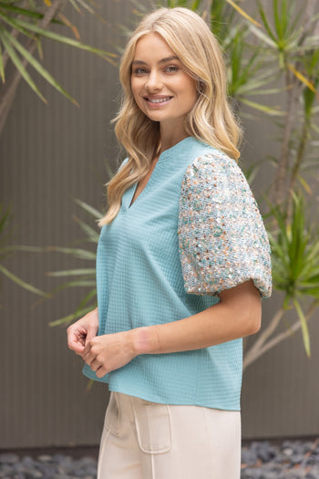 VOY Tweed Sequins Bubble Sleeve Textured Woven Top in Teal