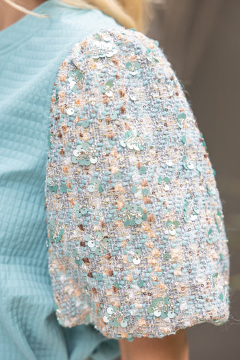 VOY Tweed Sequins Bubble Sleeve Textured Woven Top in Teal
