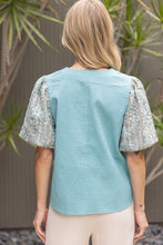 Load image into Gallery viewer, VOY Tweed Sequins Bubble Sleeve Textured Woven Top in Teal
