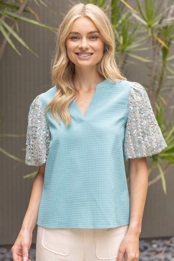 VOY Tweed Sequins Bubble Sleeve Textured Woven Top in Teal