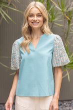 Load image into Gallery viewer, VOY Tweed Sequins Bubble Sleeve Textured Woven Top in Teal
