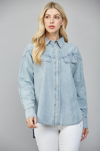 FATE Snap Button Down Front Top in Light Denim