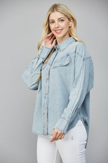 FATE Snap Button Down Front Top in Light Denim