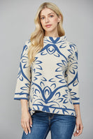 FATE Abstract Print Jacquard Knit Sweater in Cream Teal