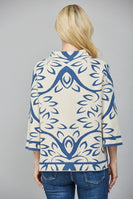 FATE Abstract Print Jacquard Knit Sweater in Cream Teal