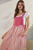 Oddi Colored Denim and Striped Overall Dress in Washed Hot Pink