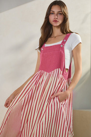 Oddi Colored Denim and Striped Overall Dress in Washed Hot Pink