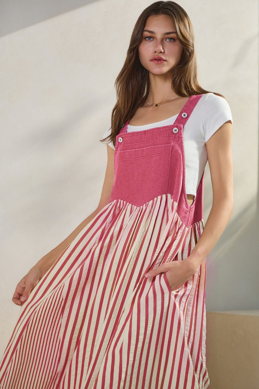 Oddi Colored Denim and Striped Overall Dress in Washed Hot Pink 3XL at June Adel
