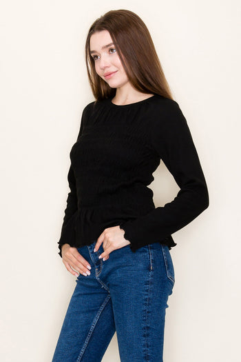 White Birch FITTED Smocked Bodice Top in Washed Black