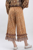 BlueVelvet Floral Print Pants with Lace Trim in Rust