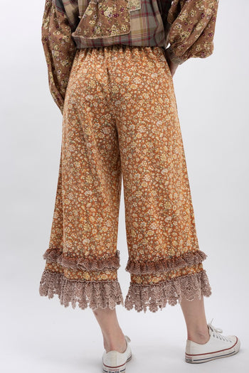 BlueVelvet Floral Print Pants with Lace Trim in Rust