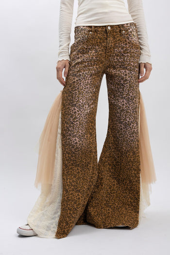 BlueVelvet Leopard Print with Lace and Mesh Panel Pants in Camel Leopard