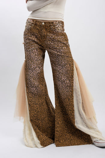 BlueVelvet Leopard Print with Lace and Mesh Panel Pants in Camel Leopard