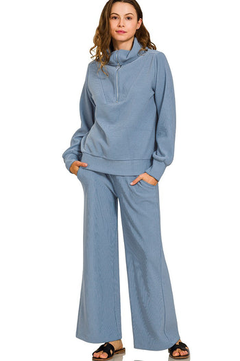 Ribbed Pullover Top and Pants Set in Dusty Blue