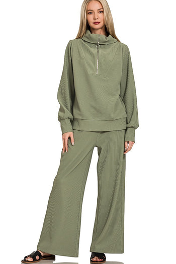 Ribbed Pullover Top and Pants Set in Light Olive