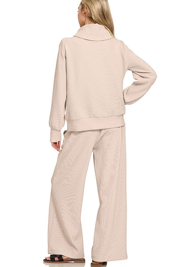 Ribbed Pullover Top and Pants Set in Sand Beige
