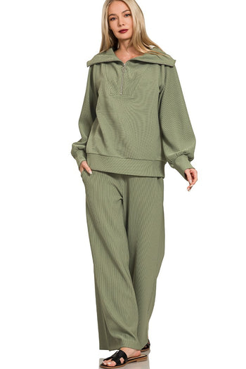 Ribbed Pullover Top and Pants Set in Light Olive