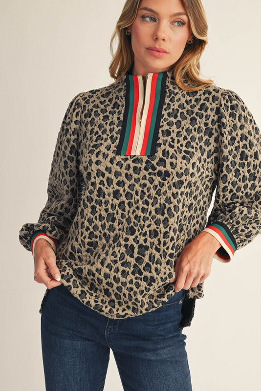 Jodifl Half Zip Textured Leopard Print Top in Taupe – June Adel