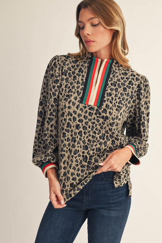 Jodifl Half Zip Textured Leopard Print Top in Taupe – June Adel