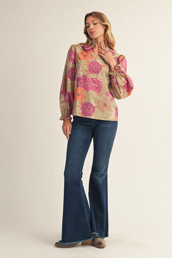 Jodifl Ruffle High Neck Floral Top in Magenta/Sage