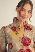 Jodifl Ruffle High Neck Floral Top in Burgundy/Olive