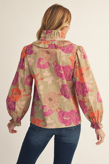 Jodifl Ruffle High Neck Floral Top in Magenta/Sage