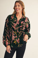 Jodifl Button Down Velvet Floral Print Top in Hunter Green