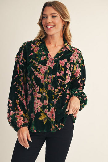 Jodifl Button Down Velvet Floral Print Top in Hunter Green
