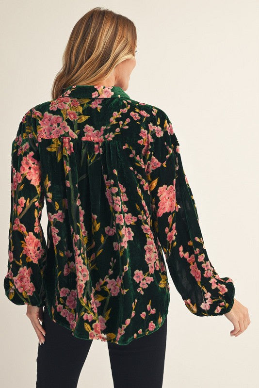 Jodifl Button Down Velvet Floral Print Top in Hunter Green – June Adel