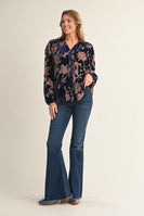 Jodifl Button Down Velvet Floral Print Top in Royal Mix