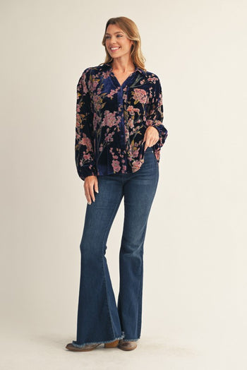 Jodifl Button Down Velvet Floral Print Top in Royal Mix