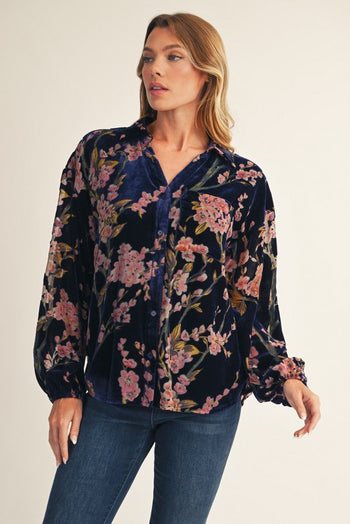 Jodifl Button Down Velvet Floral Print Top in Royal Mix