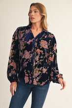 Load image into Gallery viewer, Jodifl Button Down Velvet Floral Print Top in Royal Mix
