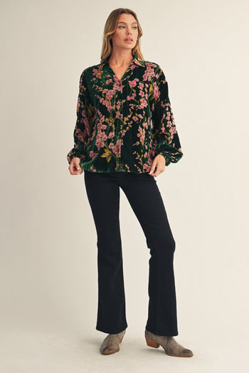Jodifl Button Down Velvet Floral Print Top in Hunter Green