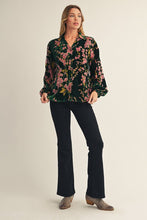 Load image into Gallery viewer, Jodifl Button Down Velvet Floral Print Top in Hunter Green
