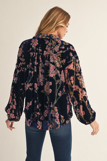 Jodifl Button Down Velvet Floral Print Top in Royal Mix