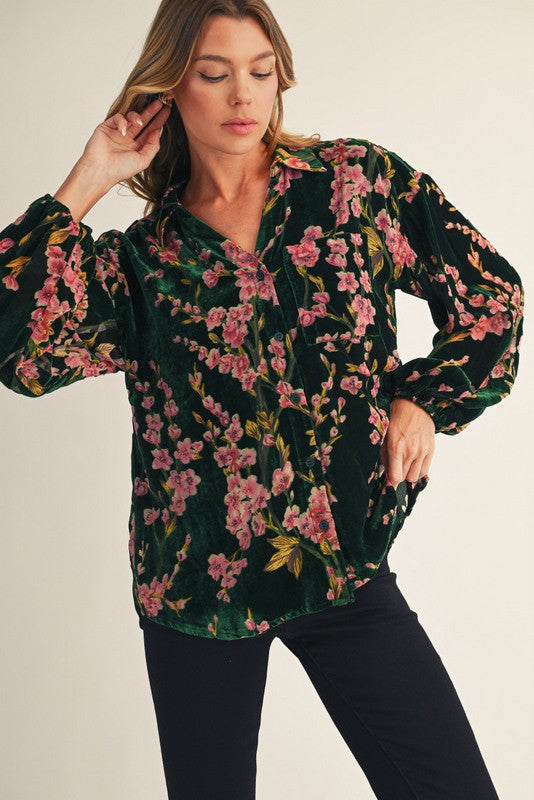 Jodifl Button Down Velvet Floral Print Top in Hunter Green – June Adel