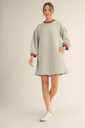 Jodifl Solid Color Casual Dress with Contrasting Stripe trim in Heather Grey