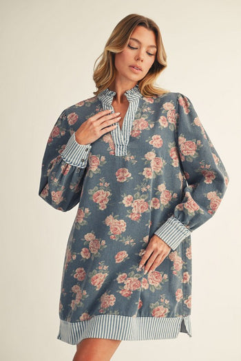 Jodifl Floral Denim and Stripe Mini Dress in Denim S Jodifl Floral Denim and Stripe Mini Dress in Denim S