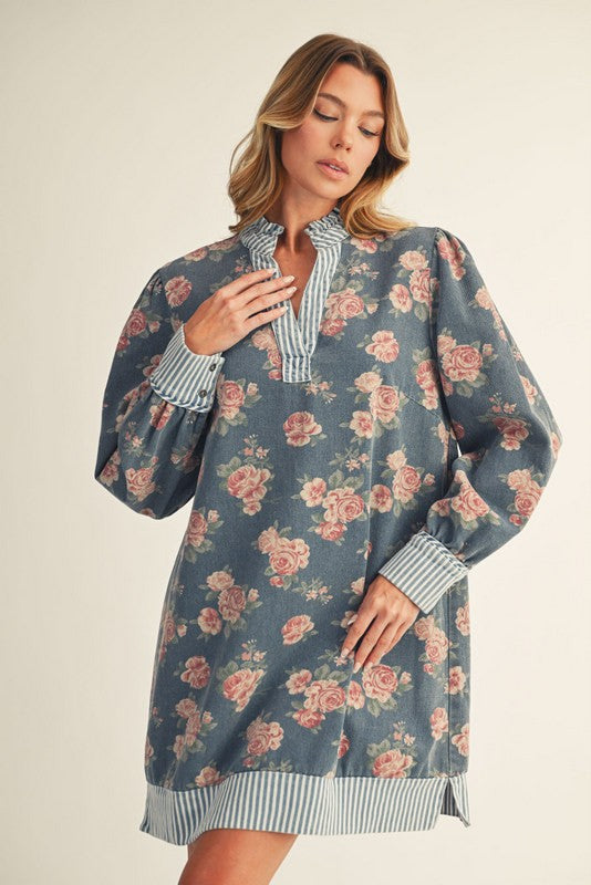 white christmas dresses Jodifl Floral Denim and Stripe Mini Dress in Denim S