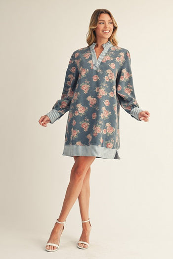 Jodifl Floral Denim and Stripe Mini Dress in Denim S Jodifl Floral Denim and Stripe Mini Dress in Denim S