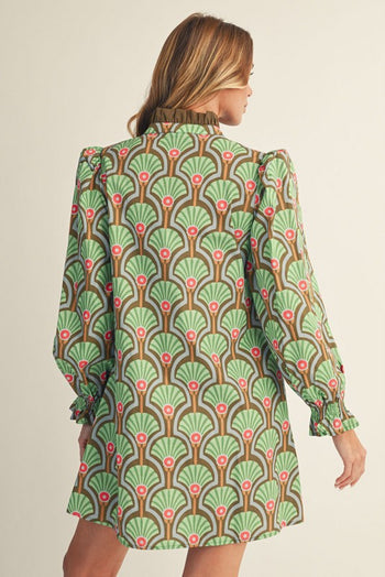 Jodifl Puff Shoulder Boho Floral A-Line Dress in Olive