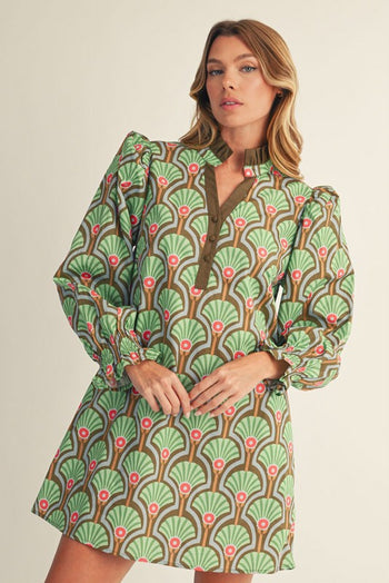 Jodifl Puff Shoulder Boho Floral A-Line Dress in Olive