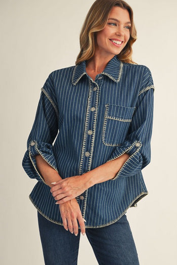 Jodifl Button Down Striped Shirt in Denim