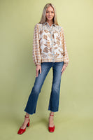 GiGio Mixed Print Button Down Top in Mocha Mix